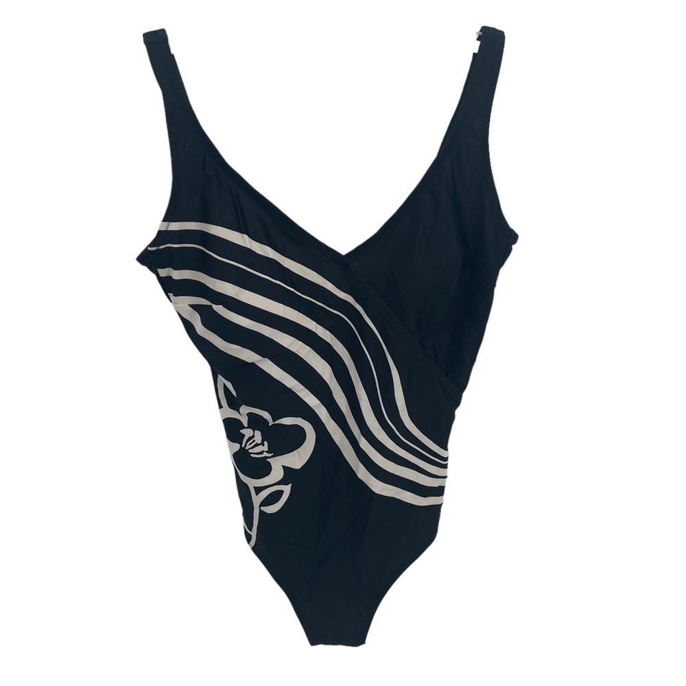 gottex Black White Women’s  V Neck One Piece Swimsuit Size 14 Flower Stripes